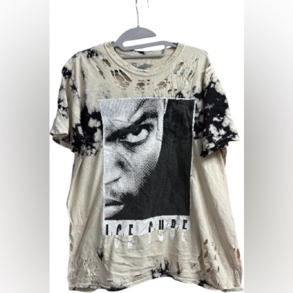 Ice Cube Graphic Distressed Cotton Tie Dye T-Shirt - Black & Cream